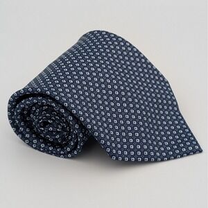 Romario Manzini Mens Tie Navy Blue White Geometric Diamond Silk Professional 61"